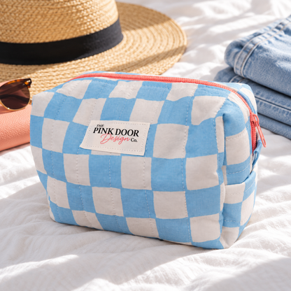 Blue Checkered Medium Boxy Makeup Bag – Handmade Quilted Cosmetic Pouch with Pink Zipper