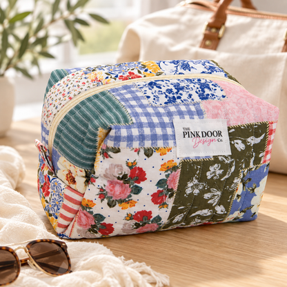 Floral Boho Patchwork Print Medium Boxy Makeup Bag – Handmade Quilted Cosmetic Pouch with Cream Zipper