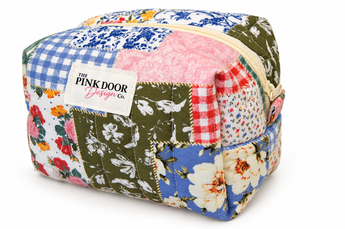 Floral Boho Patchwork Print Medium Boxy Makeup Bag – Handmade Quilted Cosmetic Pouch with Cream Zipper