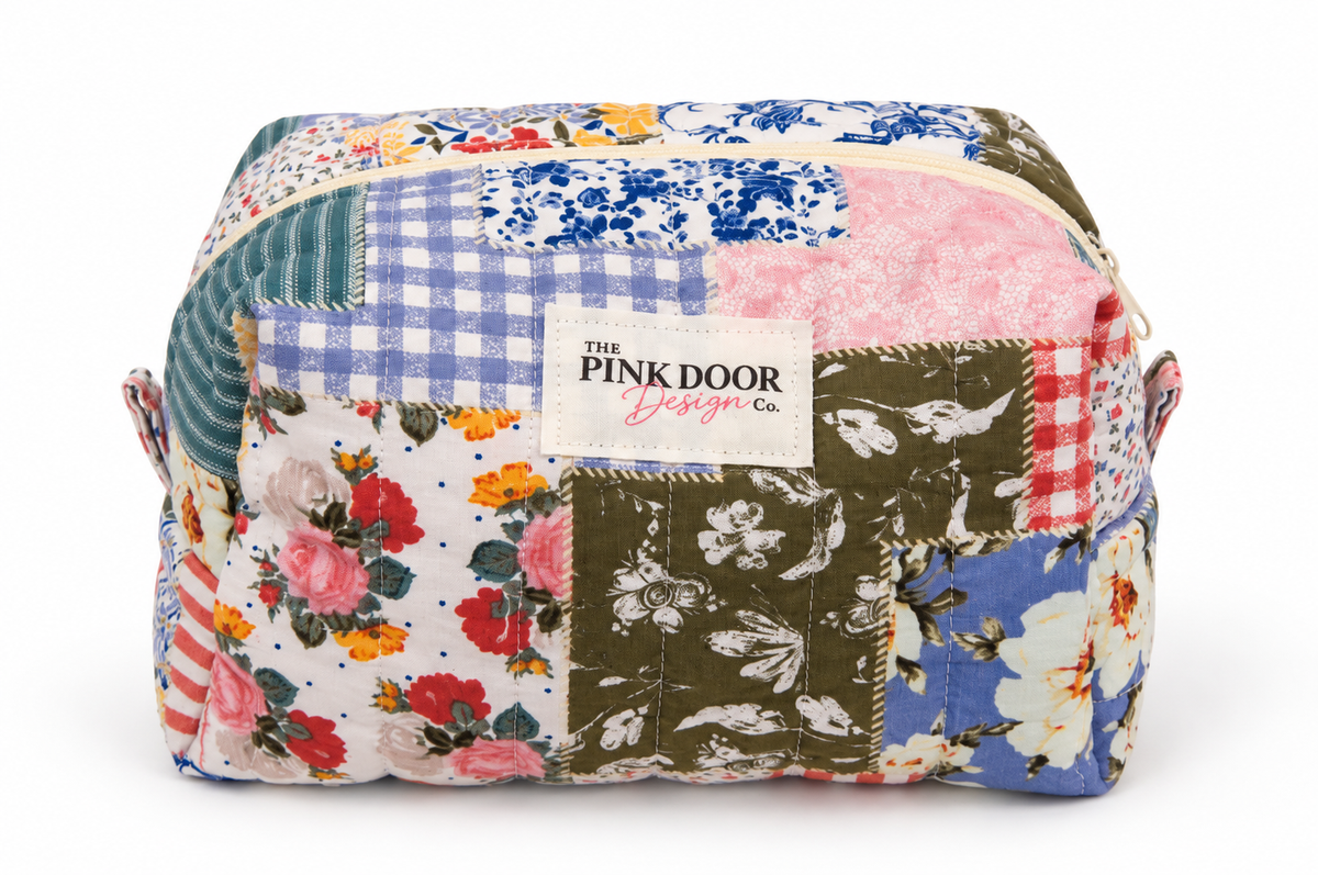 Floral Boho Patchwork Print Medium Boxy Makeup Bag – Handmade Quilted Cosmetic Pouch with Cream Zipper