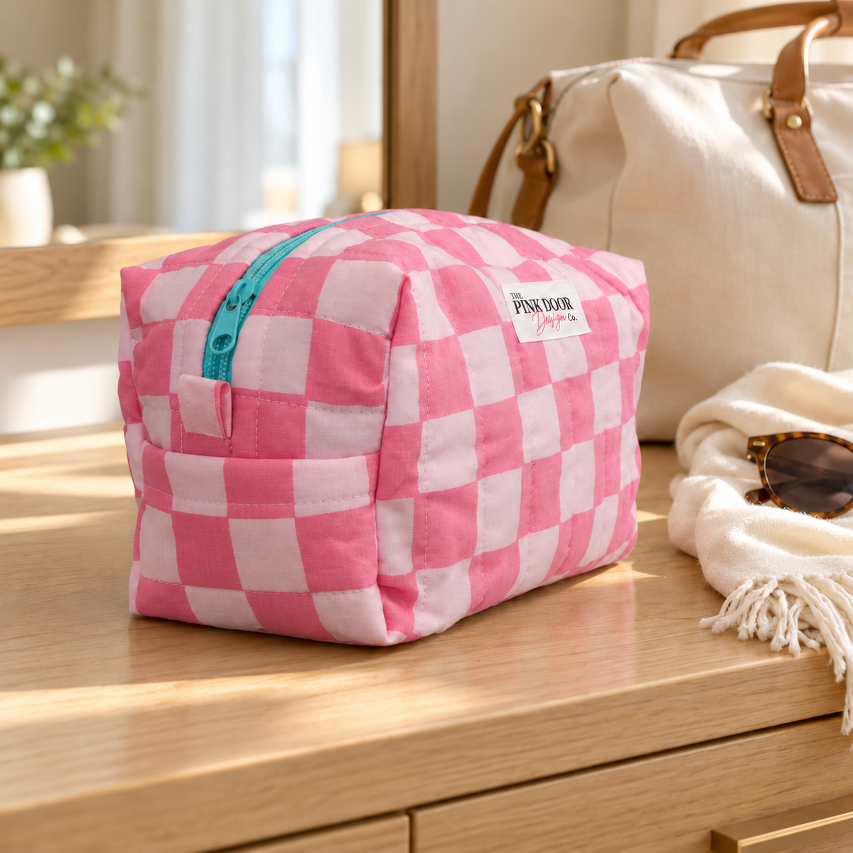 Pink Checkered Medium Boxy Makeup Bag – Handmade Quilted Cosmetic Pouch with Turquoise Lining