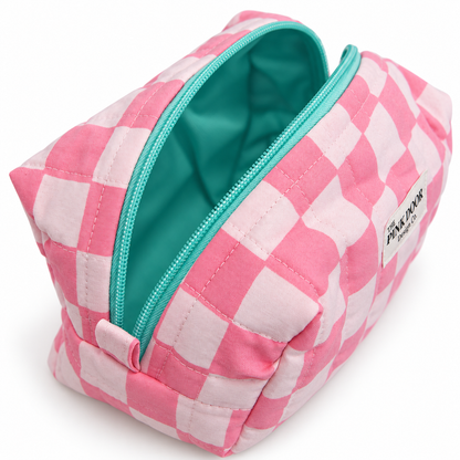 Pink Checkered Medium Boxy Makeup Bag – Handmade Quilted Cosmetic Pouch with Turquoise Lining