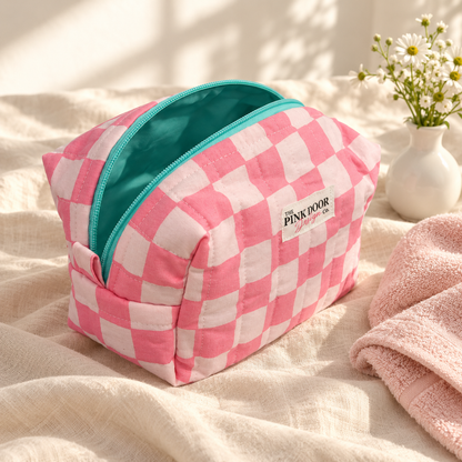 Pink Checkered Medium Boxy Makeup Bag – Handmade Quilted Cosmetic Pouch with Turquoise Lining
