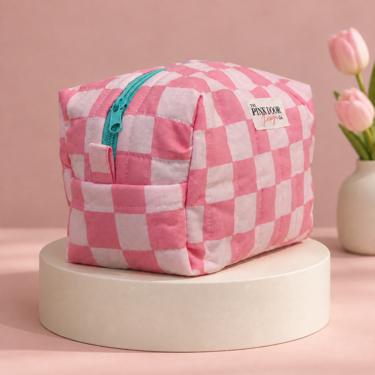 Pink Checkered Medium Boxy Makeup Bag – Handmade Quilted Cosmetic Pouch with Turquoise Lining