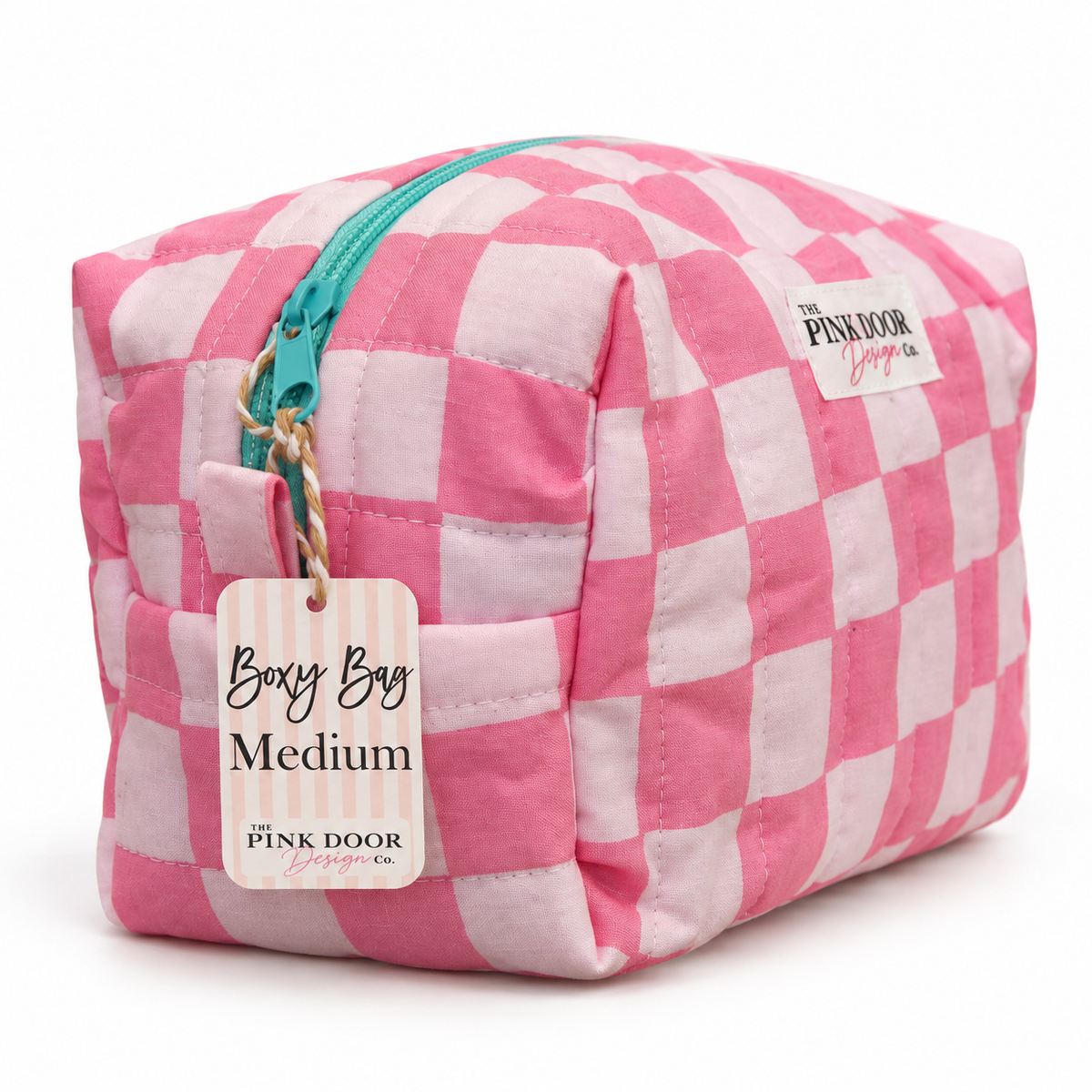 Pink Checkered Medium Boxy Makeup Bag – Handmade Quilted Cosmetic Pouch with Turquoise Lining
