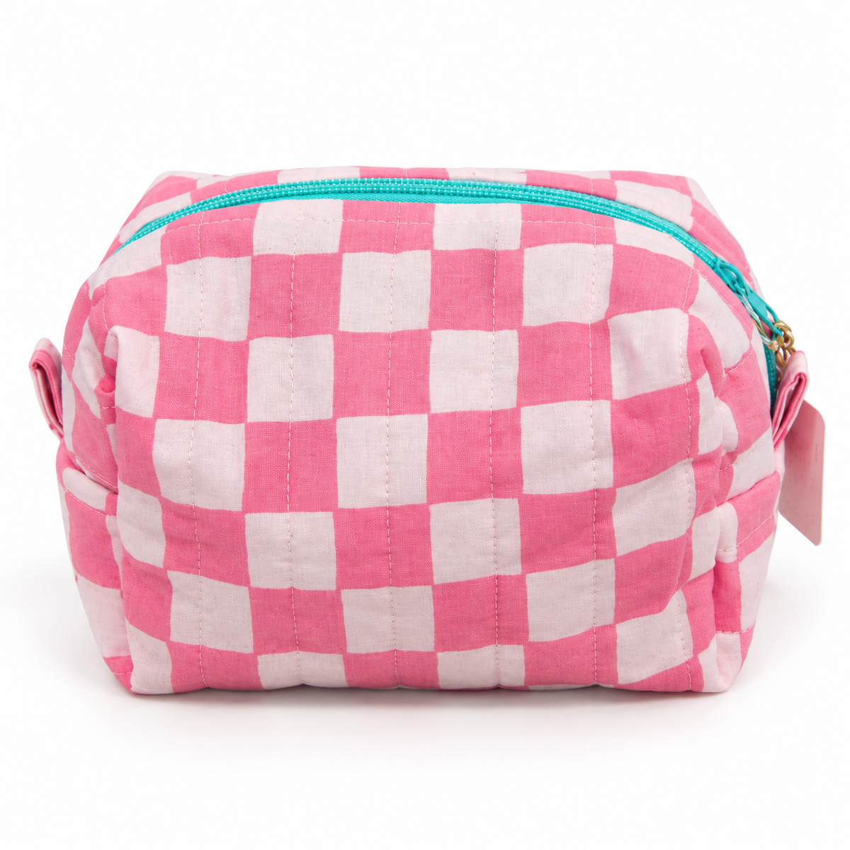 Pink Checkered Medium Boxy Makeup Bag – Handmade Quilted Cosmetic Pouch with Turquoise Lining