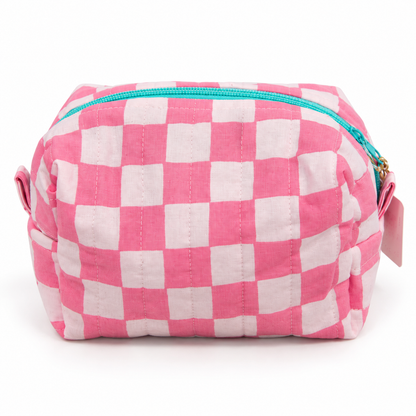 Pink Checkered Medium Boxy Makeup Bag – Handmade Quilted Cosmetic Pouch with Turquoise Lining
