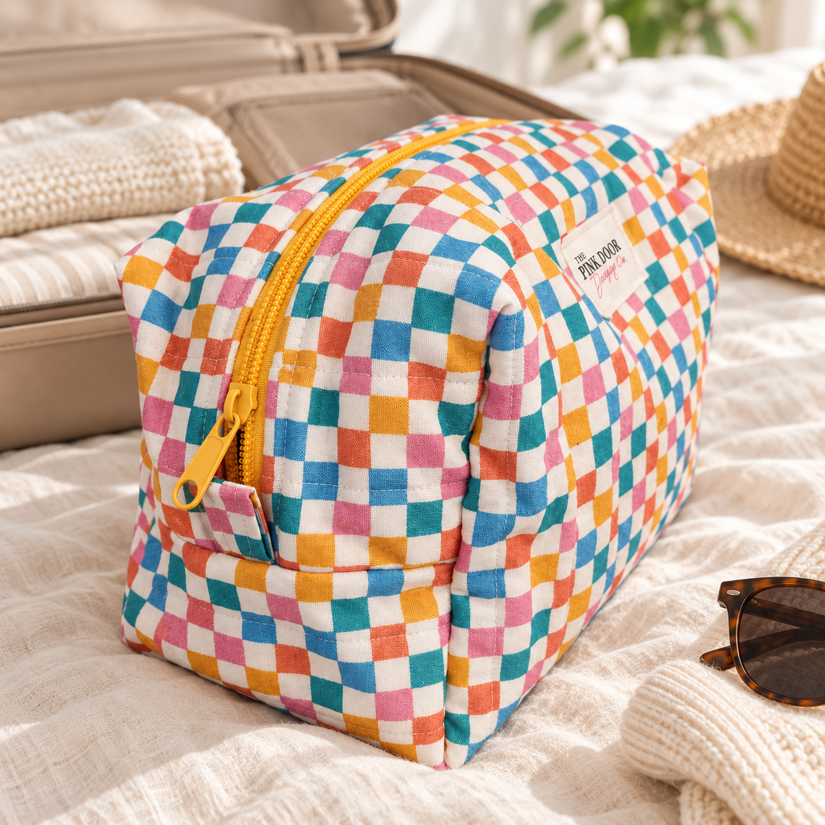 Multicolor Checkered Boxy Makeup Bag