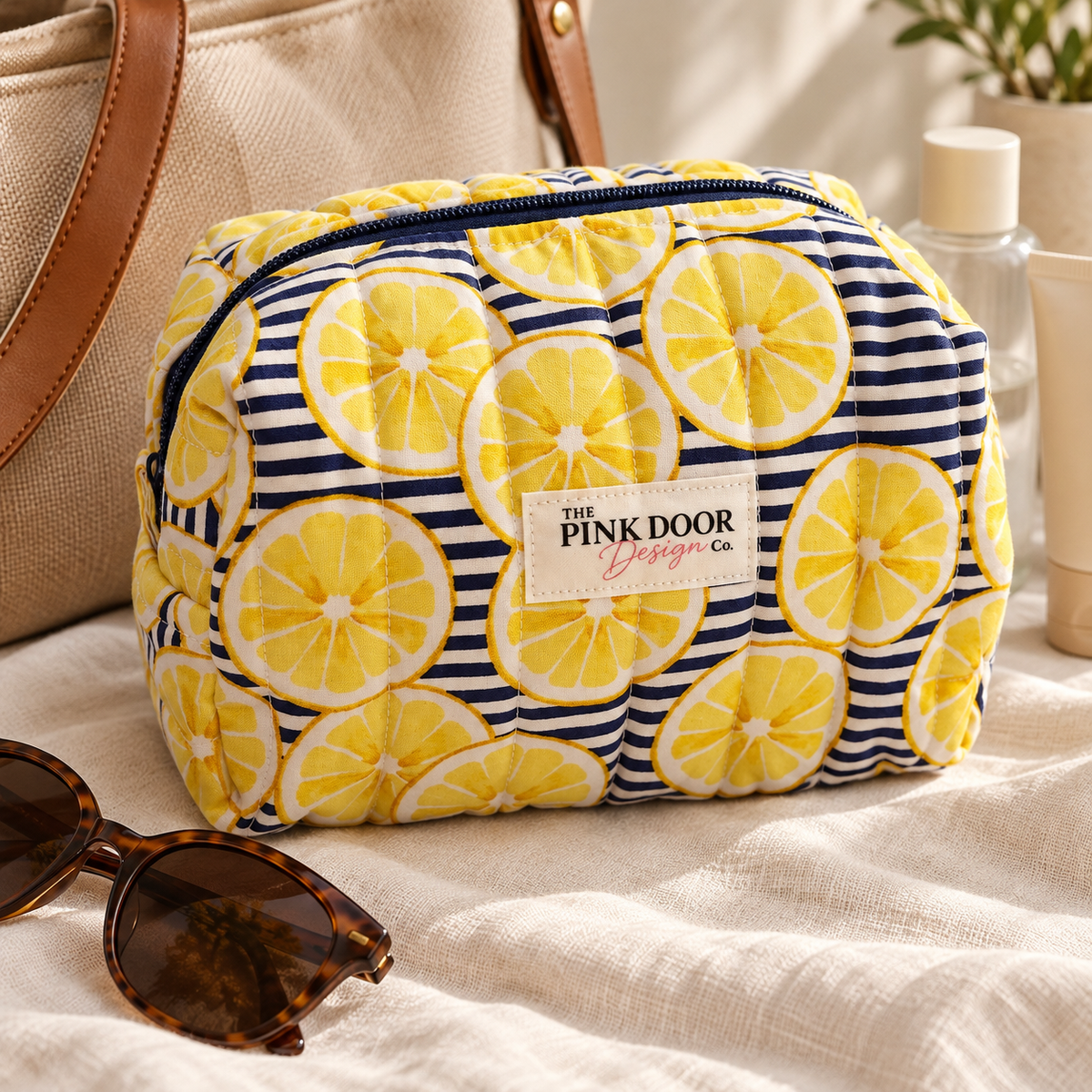 Lemon Stripe Boxy Makeup Bag