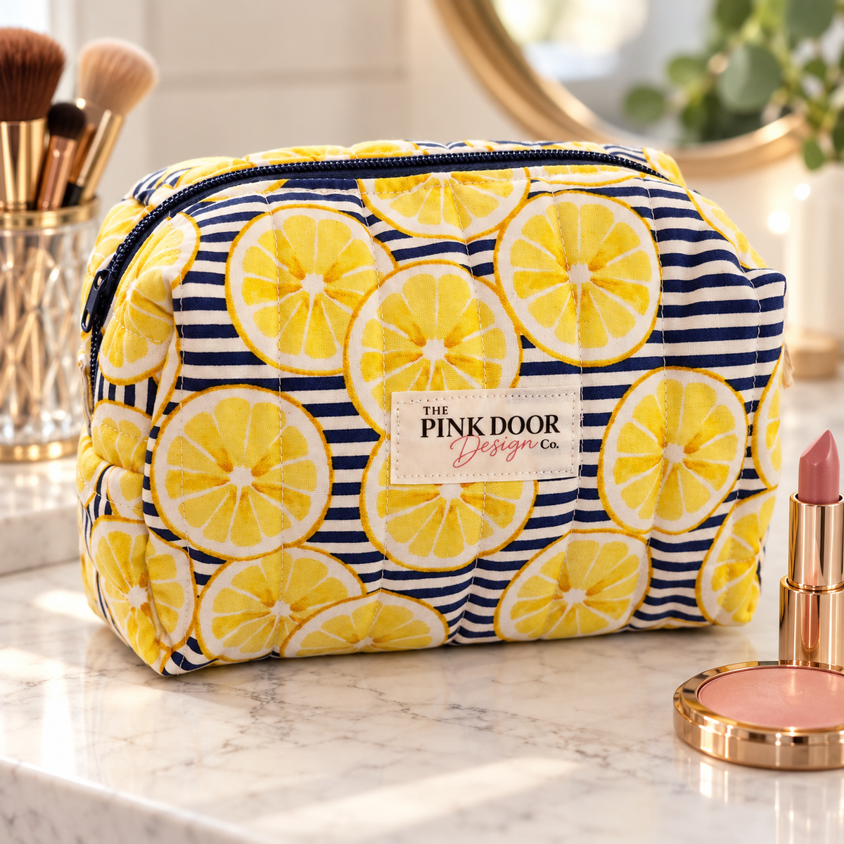 Lemon Stripe Boxy Makeup Bag