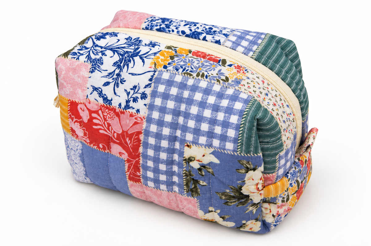 Floral Boho Patchwork Print Medium Boxy Makeup Bag – Handmade Quilted Cosmetic Pouch with Cream Zipper