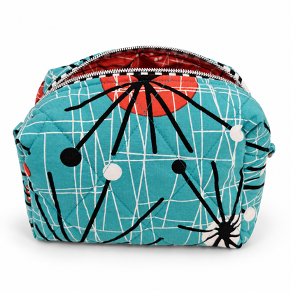 Retro Teal Atomic Print Boxy Makeup Bag