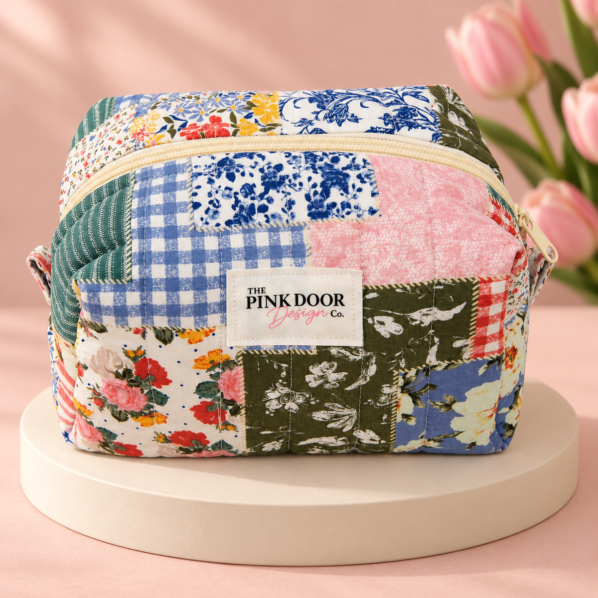 Floral Boho Patchwork Print Medium Boxy Makeup Bag – Handmade Quilted Cosmetic Pouch with Cream Zipper