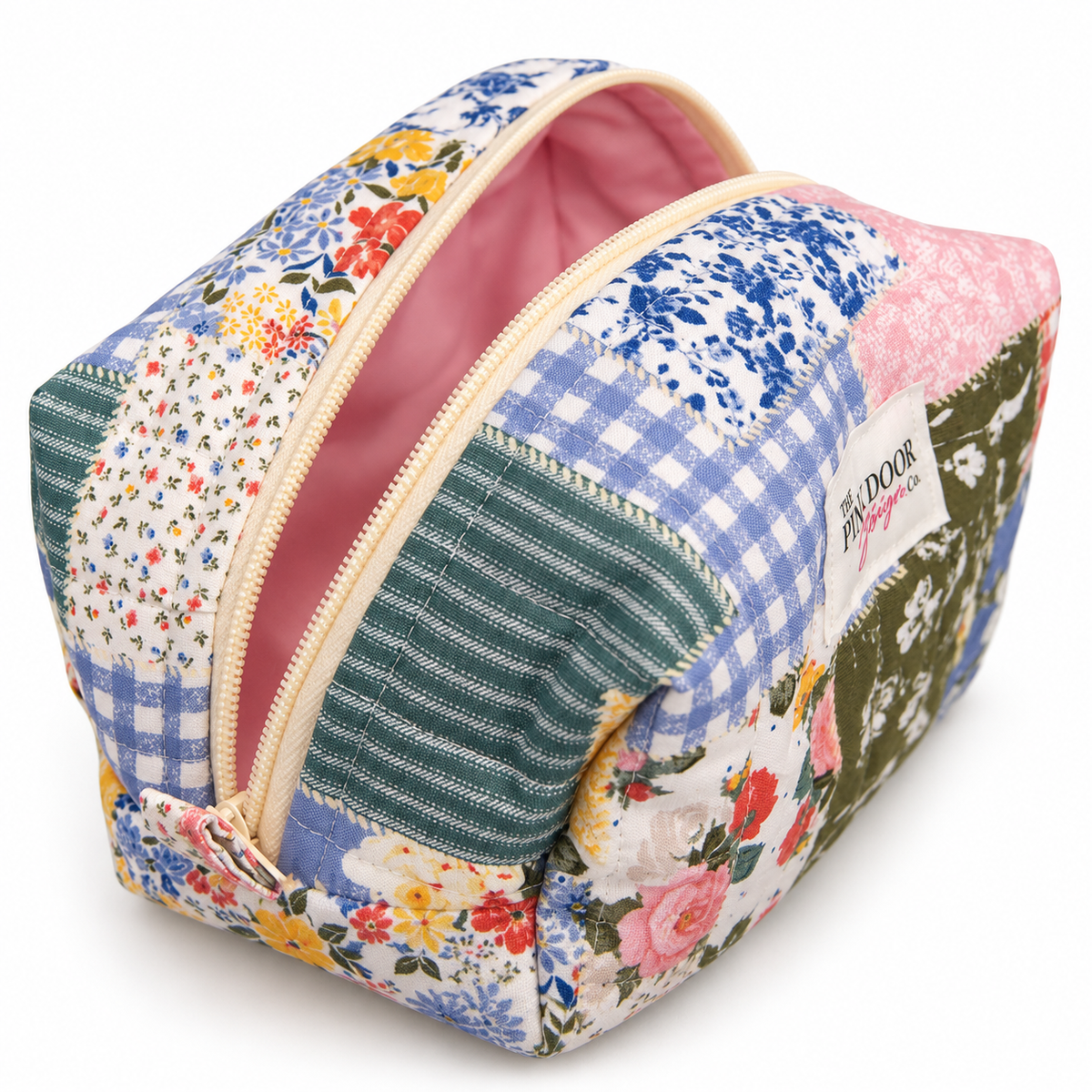 Floral Boho Patchwork Print Medium Boxy Makeup Bag – Handmade Quilted Cosmetic Pouch with Cream Zipper