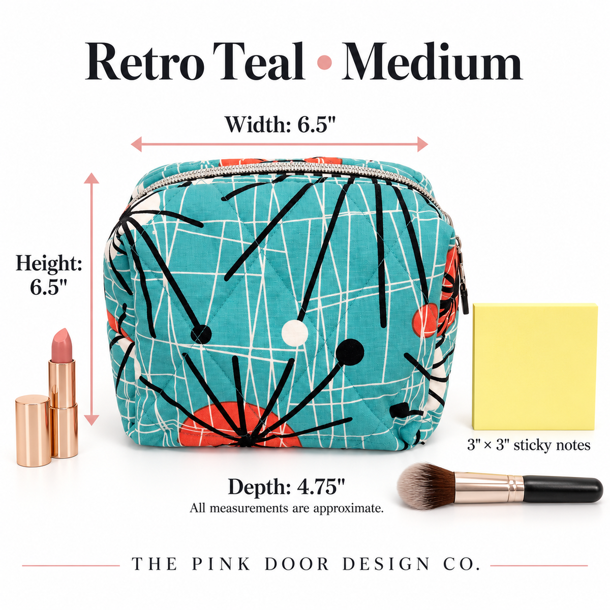 Retro Teal Atomic Print Boxy Makeup Bag