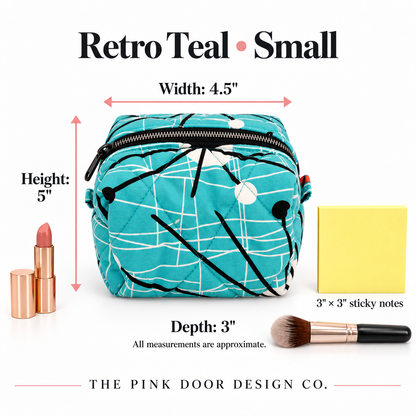 Retro Teal Atomic Print Boxy Makeup Bag