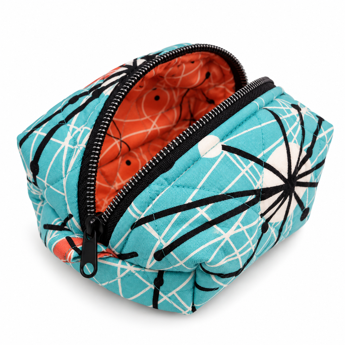 Retro Teal Atomic Print Boxy Makeup Bag