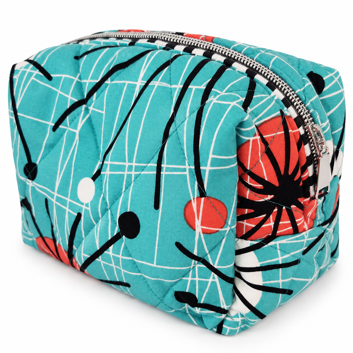 Retro Teal Atomic Print Boxy Makeup Bag