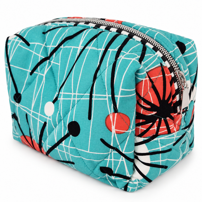 Retro Teal Atomic Print Boxy Makeup Bag