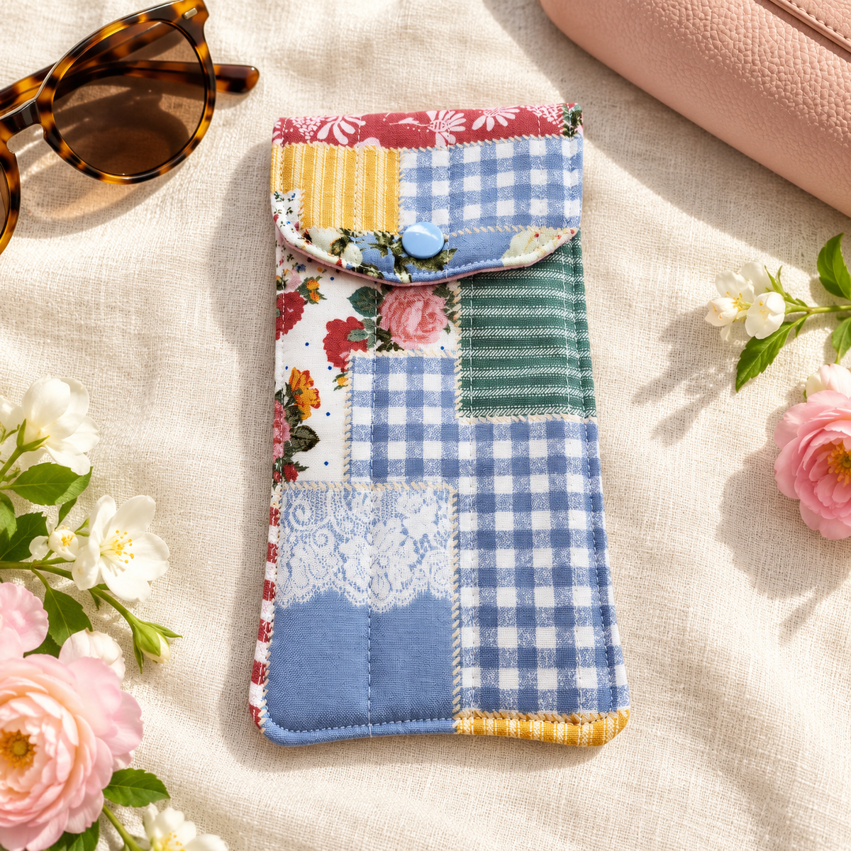 Vintage Patchwork Print Quilted Glasses & Sunglasses Case