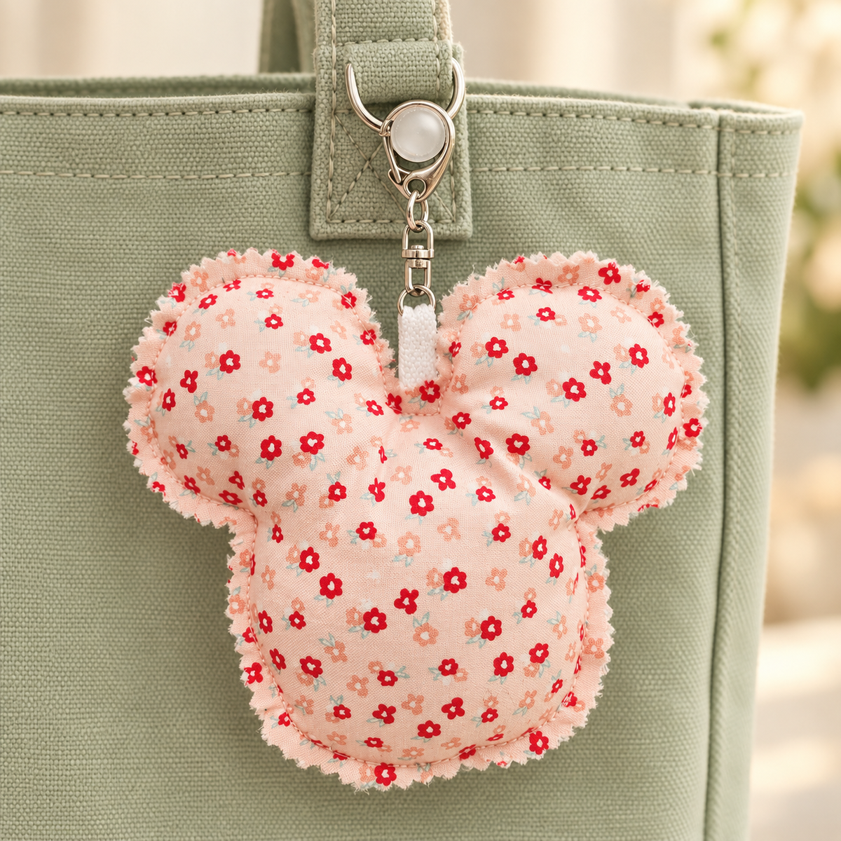 Handmade Pink Floral Mouse Ear Bag Charm