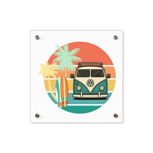 Retro Volkswagen Split Window Bus Acrylic Wall Art Panel, Boho Home Decor, Vintage Car Decor, Sunset Wall Art, Gift for Bus Lovers