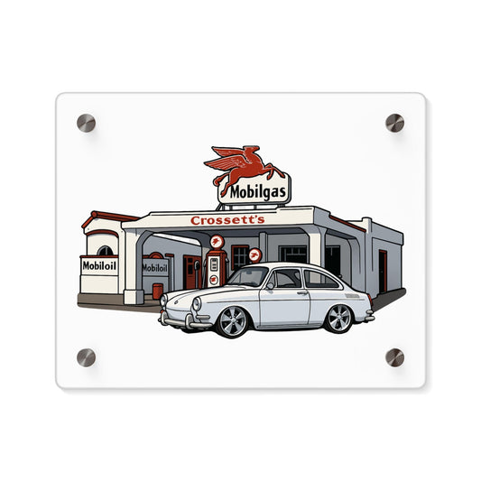 Vintage VW Fastback at a Vintage Gas Station Acrylic Wall Art, Retro Home Decor, Gift for Car Lovers, Wall Panel Art, Classic Car Wall Decor