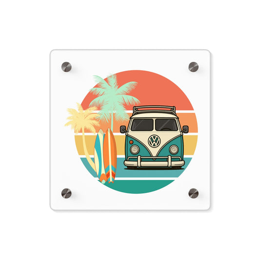 Retro Volkswagen Split Window Bus Acrylic Wall Art Panel, Boho Home Decor, Vintage Car Decor, Sunset Wall Art, Gift for Bus Lovers