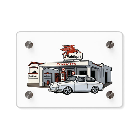 Vintage VW Fastback at a Vintage Gas Station Acrylic Wall Art, Retro Home Decor, Gift for Car Lovers, Wall Panel Art, Classic Car Wall Decor